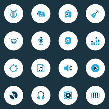 Multimedya simgeler kümesi ile ses, cd, radyo ve diğer hoparlör öğeleri renkli. İzole illüstrasyon multimedya simgeler.