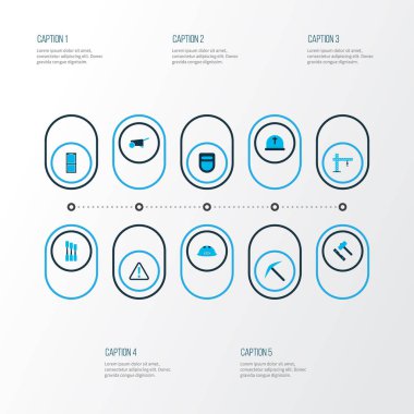 İnşaat simgeler kümesi sepeti, kaynak kask, dikkat ve diğer uyarı öğeleri bina ile renkli. İzole illüstrasyon inşaat simgeler.