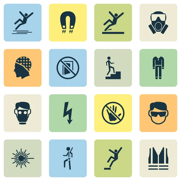Sign icons set with respirator, electrical hazard, keep door closed and other defense elements. Isolated  illustration sign icons.