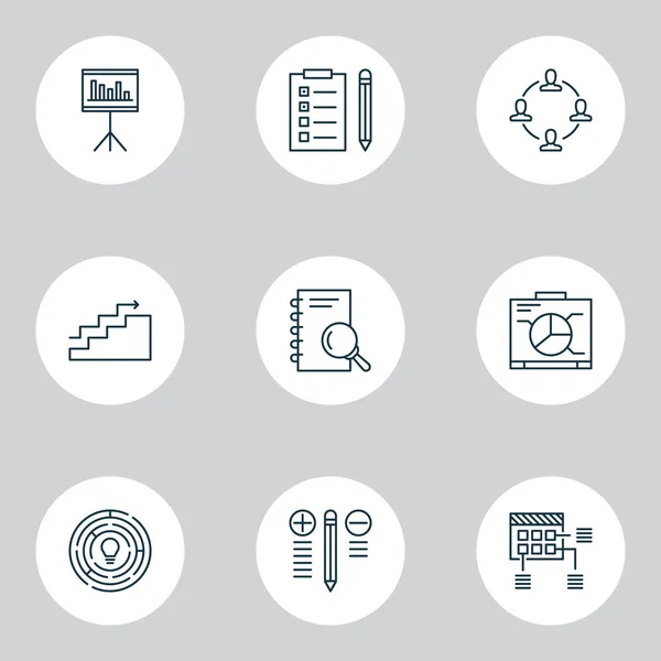 Project icons set with research plan, idea brainstorming, teamwork and meeting innovation elements. Isolated  illustration project icons.