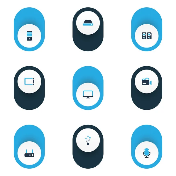 Iconos electrónicos de color conjunto con USB, disco duro, router y otros elementos del procesador. Iconos electrónicos de ilustración aislados . —  Fotos de Stock