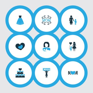 Anneler günü simgesi renkli tasarım konsepti. Tasarlamak, mam ve tasarım 9 gibi öğeleri kümesi. Kadın, sevgi ve anne için güzel sembolleri.