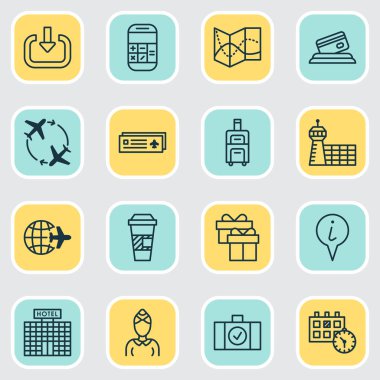 Havaalanı simgeler takvim saat, kartı ile ödeme, oturum açma ve diğer Bagaj tarayıcı öğeleri ile ayarlayın. İzole vektör çizim Havaalanı simgeler.