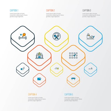 Havaalanı simgeler spor donatımı, gates, Restoran işareti ve diğer kalkış öğeleri ile Ayarla satır renkte. İzole illüstrasyon Havaalanı simgeler.
