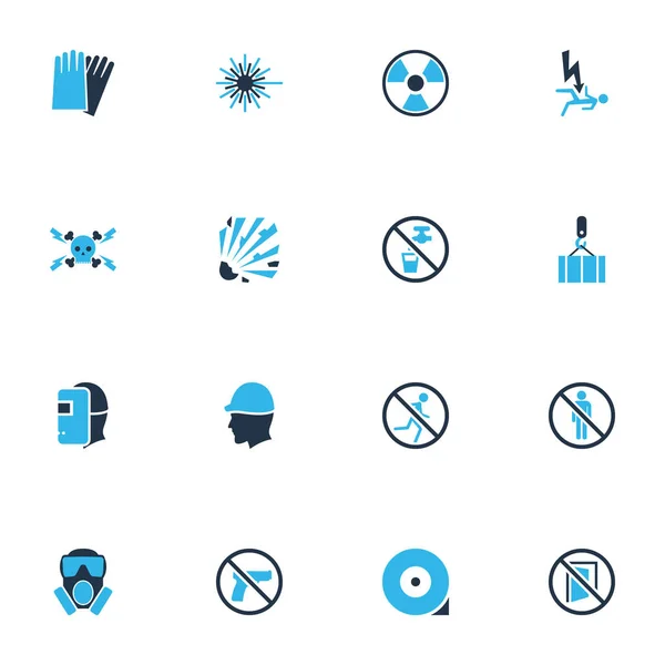 Protection icons colored set with laser beam, hand protection, radioactive drinkable elements. Isolated  illustration protection icons.