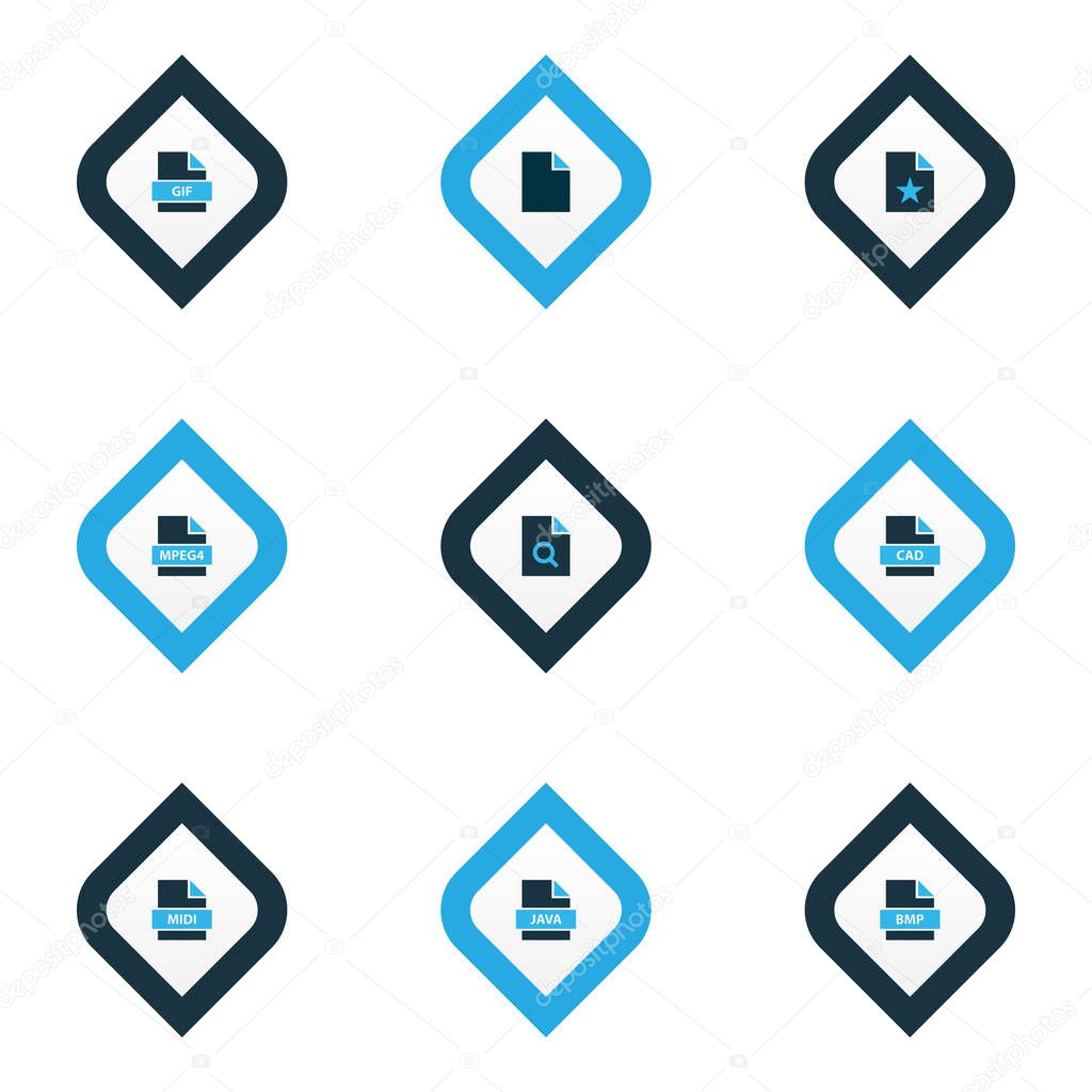File icons colored set with search file, favorite file, file midi and other smf elements. Isolated  illustration file icons.