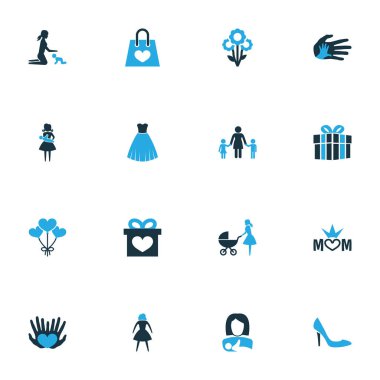 Anneler günü simgesi renkli tasarım konsepti. Yardım, paket ve annem 16 gibi öğeleri kümesi. Anne, palmiye ve kadın için güzel sembolleri.