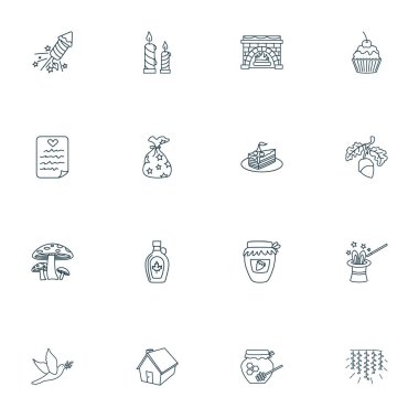 Kutlama simgeler stil küçük kulübe, güvercin, bal ve diğer champignon öğeleri kümesi satır. İzole vektör illüstrasyon kutlama simgeler.