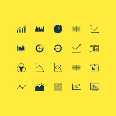 Grafikler, diyagramlar ve istatistik simgeleri kümesi. Kaliteli sembol koleksiyonu. Simgeler web, uygulama ve UI tasarımı için kullanılabilir.