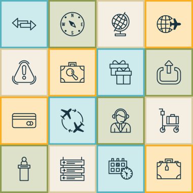 Simgeler Seyahat Bagaj arabası, bilgi yönetim kurulu, hediye kutusu ve diğer sinek öğelerin etrafında ayarlayın. Simgeler seyahat izole vektör çizim.