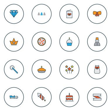 Yıl simgeler renkli çizgi Santa atlı kızak, pasta, cupcake ve diğer şenlikli şerit öğeleri ayarla. İzole vektör çizim yıl simgeler.