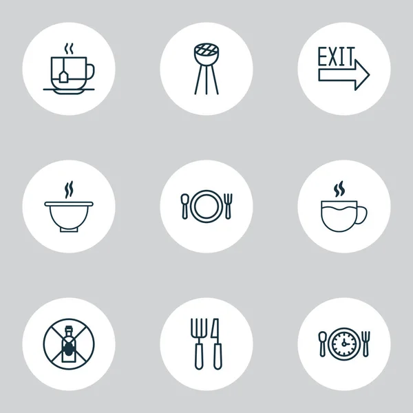 Conjunto de iconos de restaurante con cubiertos, letrero de salida, sopa y otros elementos de platería. Iconos de restaurante de ilustración vectorial aislado . — Archivo Imágenes Vectoriales
