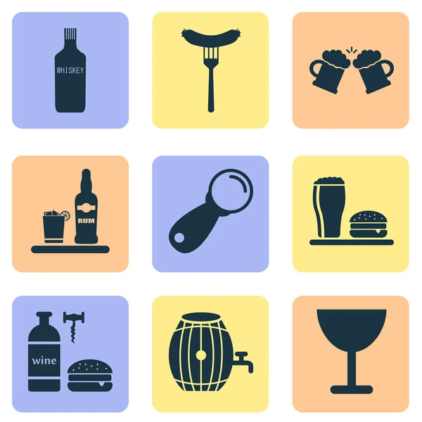 Drycker ikoner set med lunch, vin med burgare, ice Rom och andra likör element. Isolerade vektor illustration drycker ikoner. — Stock vektor