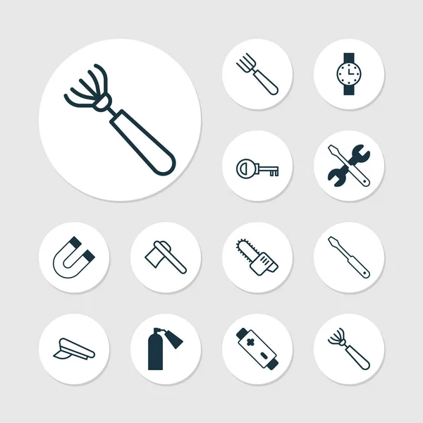 Conjunto de iconos de herramientas con reloj, llave de la puerta, batería y otros elementos del temporizador. Iconos de herramientas de ilustración vectorial aislado . — Vector de stock