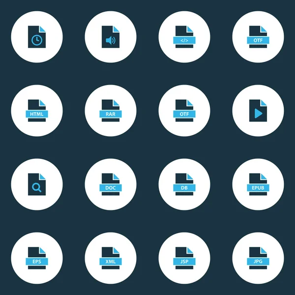 Types icônes colorées ensemble avec fichier jsp, fichier de recherche, fichier eps et autres éléments de langage de balisage. Illustration vectorielle isolée types icônes . — Image vectorielle