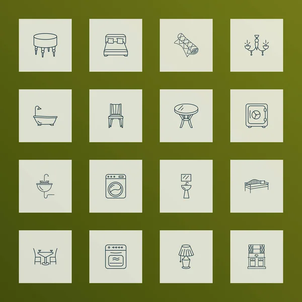 Мебельные иконы линейного стиля с люстрой, ванной, кухонными элементами столового стула. Изолированные векторные иконки мебели . — стоковый вектор