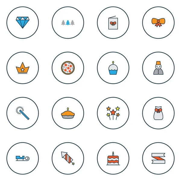 Yıl simgeler renkli çizgi Santa atlı kızak, pasta, cupcake ve diğer şenlikli şerit öğeleri ayarla. İzole vektör çizim yıl simgeler.