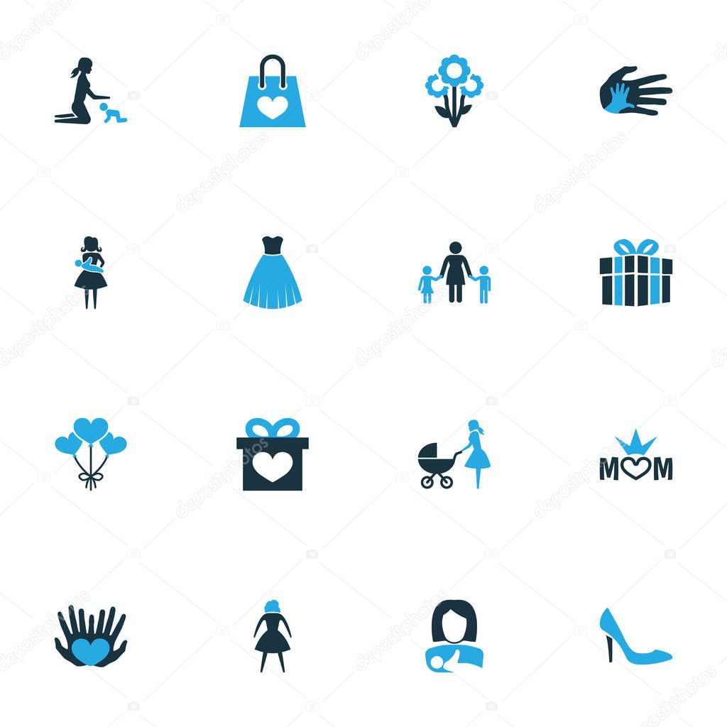 Mothers day icon colored design concept. Set of 16 such elements as helping, package and mum. Beautiful symbols for mother, palm and woman.