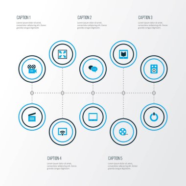 Seti kamera ile tablet, genişletmek renkli müzik simgeleri ve diğer öğeleri. İzole illüstrasyon müzik simgeleri.