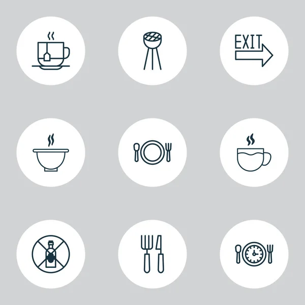 Conjunto de iconos para comer con cubiertos, letrero de salida, sopa y otros elementos de platería. Iconos aislados para comer ilustración . —  Fotos de Stock