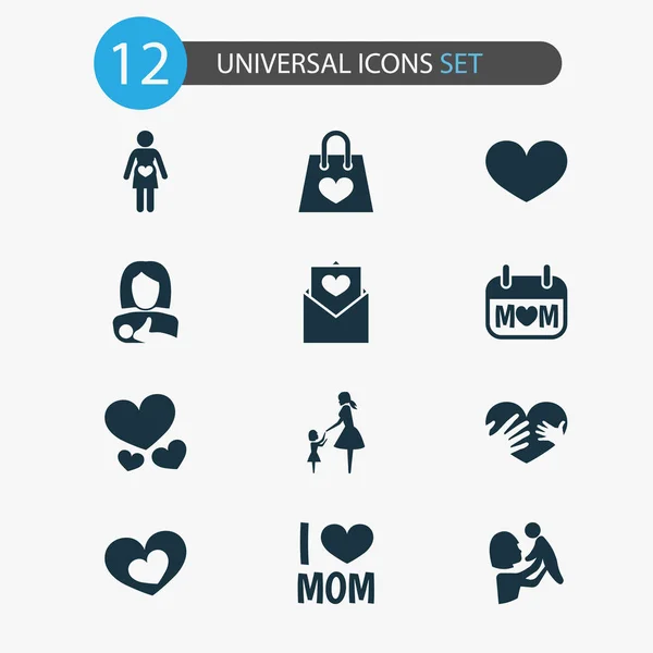 Día de la madre icono concepto de diseño. Conjunto de 12 elementos tales como bolsa de la compra, corazón y amo a mamá. Hermosos símbolos para corazón, amor y madre . —  Fotos de Stock