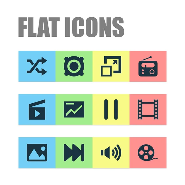Icônes multimédia réglées avec bobine de film, pause, shuffle et autres éléments maximisent. Illustration isolée icônes multimédia . — Photo