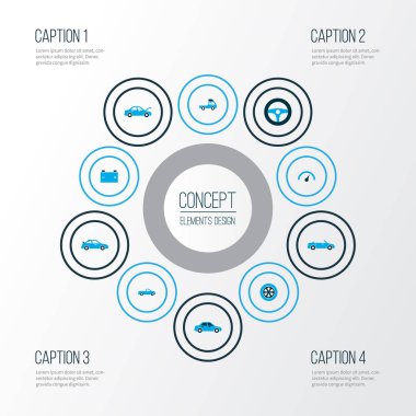 Otomobil simgeler kümesi Chronometre, taşıma, Cabrio modeli ve diğer spor otomobil öğeleri ile renkli. İzole vektör çizim otomobil simgeler.