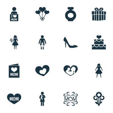 Anneler günü simgesi tasarım konsepti. Balon, romantik 16 gibi öğeleri kümesi ve afiş. Kalp, anne ve aşk için güzel sembolleri.