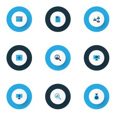 Takım simgeler analytics, online fikir, online görev sohbet ve diğer bul çalışan öğeleri kümesi renkte. İzole illüstrasyon takım simgeleri.