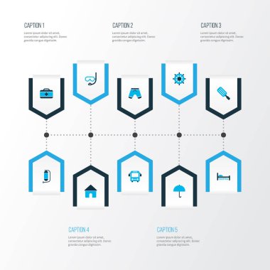 Gezi simgeler kümesi ilk yardım kiti, şort, oksijen silindir ve diğer autobus öğeleri ile renkli. İzole illüstrasyon gezi simgeler.
