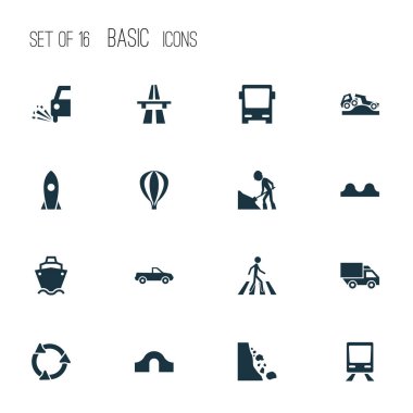 Yol çalışması, roka, zebra geçiş ve diğer işçi öğeleri taşıma Icons set. İzole illüstrasyon taşıma simgeler.