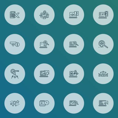 Motoru simgeler stil sayfa rank rozet, e-özel ağ, karşıdan yükleme bilgileri ve diğer gps öğeleri kümesi satır. İzole illüstrasyon motoru simgeler.