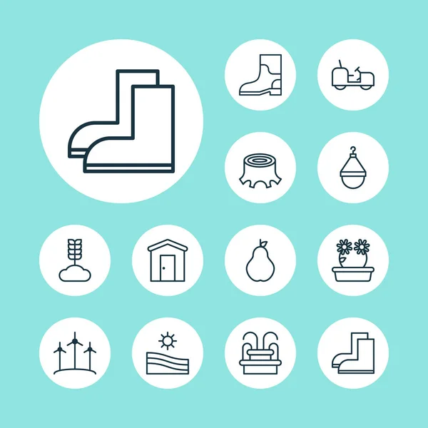 Farm icons set with wheat, waterproof boot, tractor and other water monument elements. Isolated  illustration farm icons.