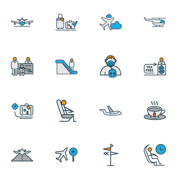 Transport-Symbole farbige Linie Set mit Tee, Gepäckgewicht, Flugzeug und anderen Porzellanelementen. isolierte Illustration Transport-Ikonen. — Stockfoto