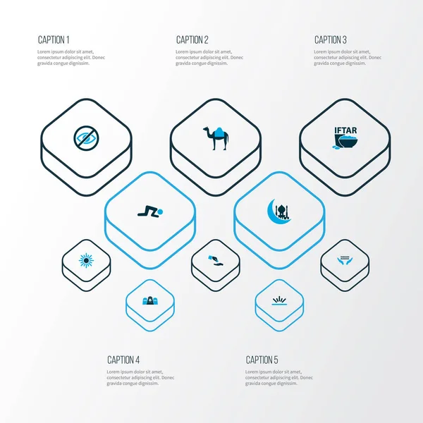 Religion icons colored set with financial assistance, camel, cereal and other sunlight elements. Isolated  illustration religion icons.