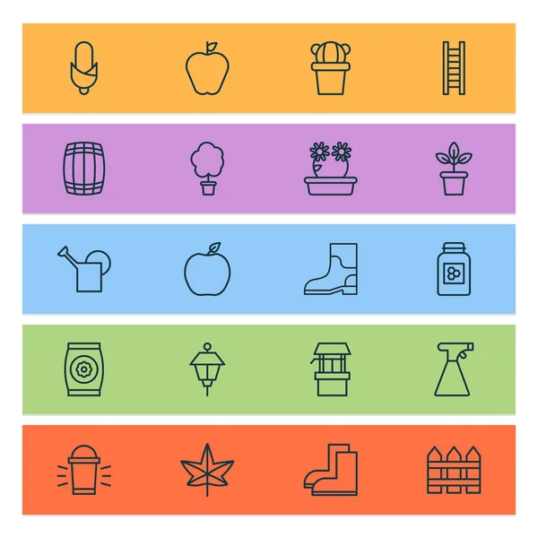 Farm icons set with gardening shoes, tree, honey and other floral elements. Isolated  illustration farm icons.