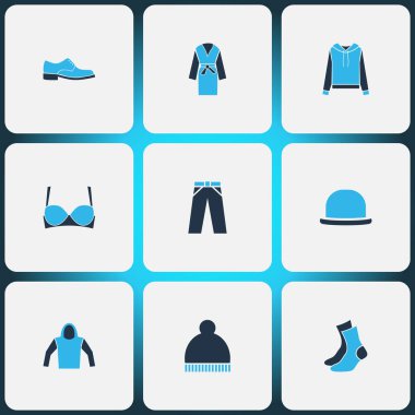 Giysi simgeler kümesi sabahlık, çorap, sutyen ve diğer kot öğeleri ile renkte. İzole vektör çizim giyim simgeler.