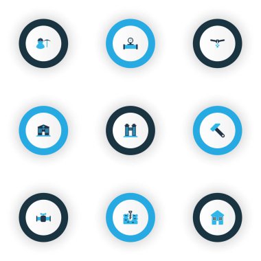 İnşaat simgeler kümesi akan boru, madenci, Vana ve diğer stopcock öğeleri ile renkli. İzole vektör illüstrasyon inşaat simgeler.