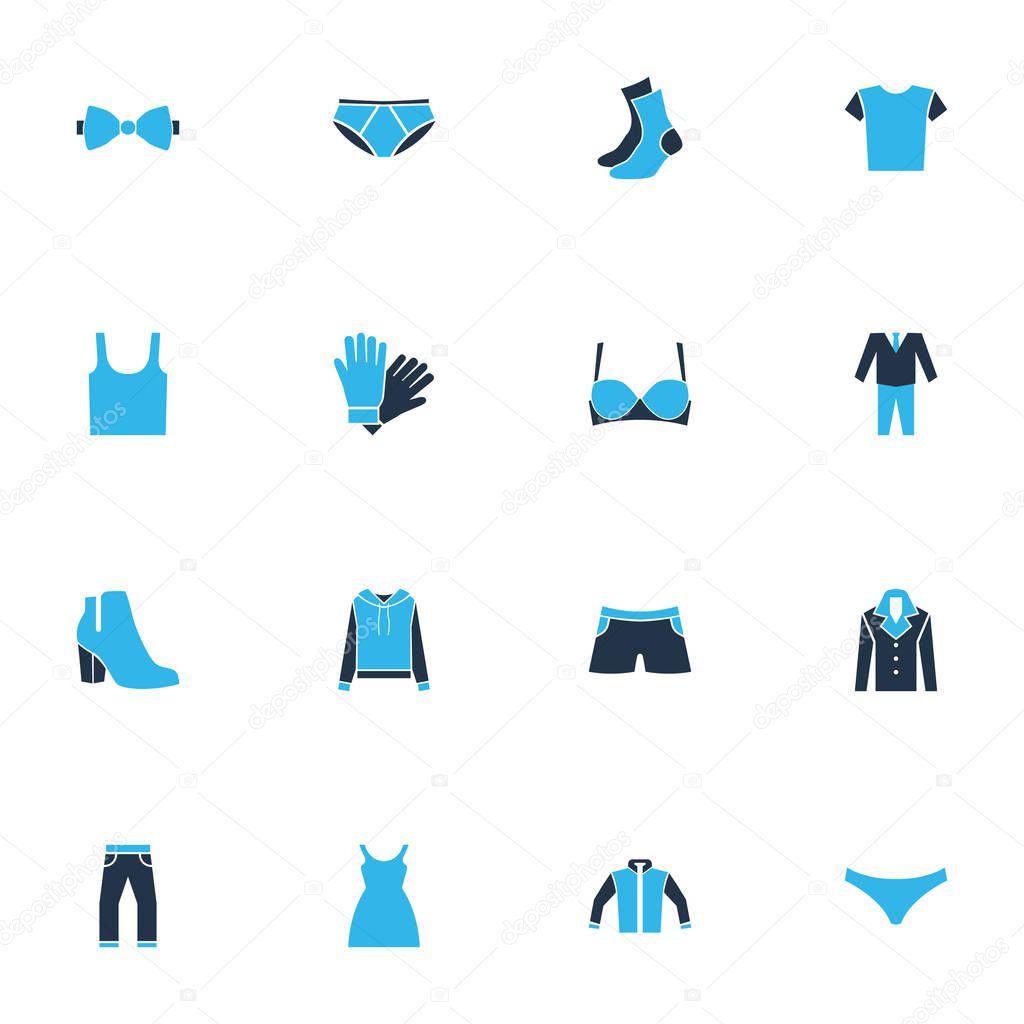 Dress icons colored set with pants, boots, suit and other hosiery elements. Isolated vector illustration dress icons.