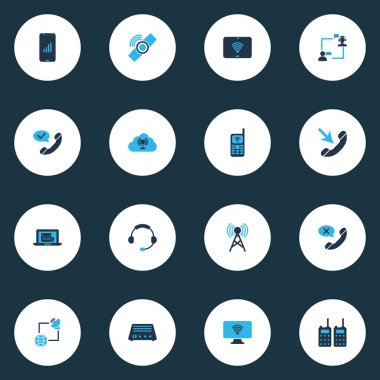 Bağlantı simgeler kümesi akıllı seyretmek, radyo, bilgisayar Wi-Fi ve diğer fm öğeleri renkli. İzole resimde bağlantı simgeleri.