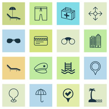 Turizm simgeler tıp, sahil yer, güneş gözlüğü ve diğer şezlong öğeleri ile ayarlayın. İzole illüstrasyon Turizm simgeler.
