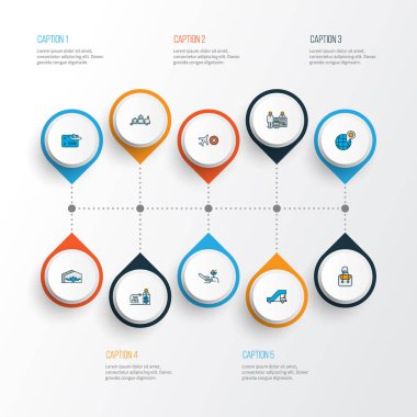 Satır renkli simgeler seyahat uçuş kurulu, Bagaj transferi, vergi ücretsiz ve diğer kalkış öğeleri ile ayarlayın. İzole illüstrasyon simgeler seyahat.