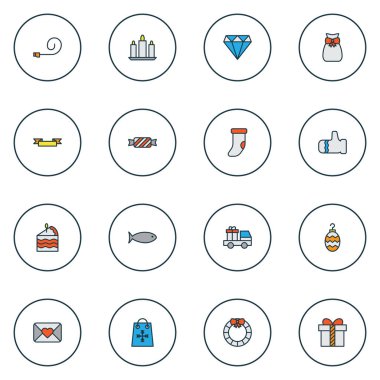 Noel simgeleri renkli çizgi ile eldiven, kek piece, elmas ve diğer bonbon öğeleri ayarlayın. İzole illüstrasyon Noel simgeler.