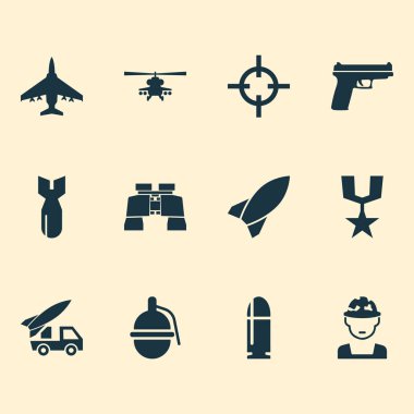 Bomba, topçu, roket ve diğer silahlar öğeleri ile Harp Icons set. İzole illüstrasyon Harp simgeler.