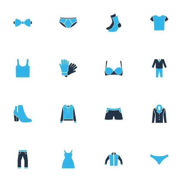 Klä ikoner färgade set med byxor, stövlar, kostym och andra strumpor element. Isolerade illustration klänning ikoner. — Stockfoto