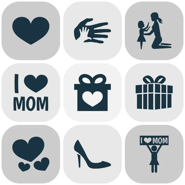 Mothers day icon design concept. Serie di 9 tali elementi come palme, presenti e femminili. Bellissimi simboli per amore, cuore e dono . — Foto Stock