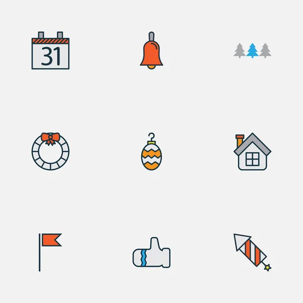 Iconos felices línea de colores con petardo, campana, guante y otros elementos de la manopla. Iconos felices ilustración aislada . —  Fotos de Stock