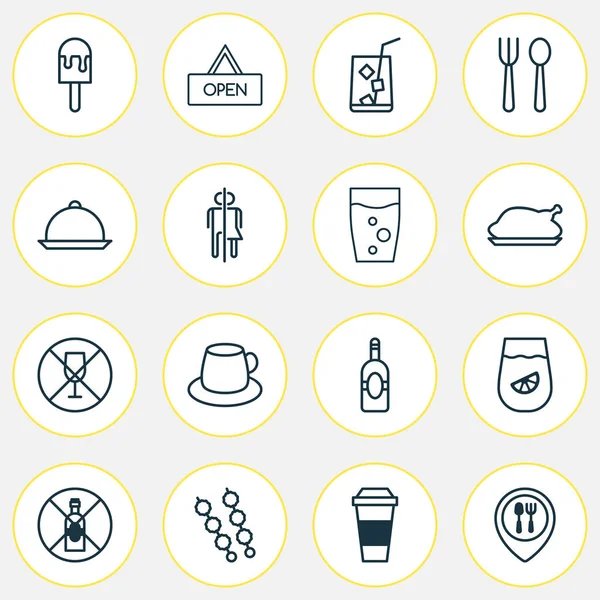 Comer iconos con kebab, alcohol prohibido, limonada y otros elementos de mapeo de alimentos. Iconos aislados para comer ilustración . —  Fotos de Stock
