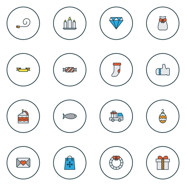 Noel simgeleri renkli çizgi ile eldiven, kek piece, elmas ve diğer bonbon öğeleri ayarlayın. İzole illüstrasyon Noel simgeler.