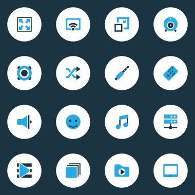 Renkli seti ile en aza indirmek, tablet, genişletmek medya simgeleri ve diğer öğeleri sinyal. İzole vektör çizim medya simgeler.